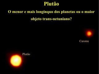 Plutão
O menor e mais longínquo dos planetas ou o maior
                objeto trans-netuniano?




                                          Caronte



       Plutão
 