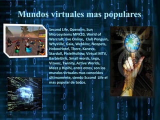 Mundos virtuales mas populares Second Life, Opensim, Sun Microsystems MPK20, World of Warcraft, Eve Online,  Club Penguin, WhyVille, Gaia, Webkinz, Neopets, HobooHotel, There, Kaneva, Stardoll, PixielHollow, Virtual MTV, BarbieGirls, Small words, Lego, Vizwoz, Twinity, Active Worlds, Meez y Hipihi, entre otros, son los mundos virtuales mas conocidos últimamente, siendo Sccond  Life el mas popular de todos.   
