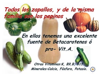 Todos los zapallos, y de la misma
familia son los pepinos


      En ellos tenemos una excelente
        fuente de Betacarotenos ó
                pro- Vit.A.

           Otras Vitaminas:K, B9,B, B15.
          Minerales:Calcio, Fósforo, Potasio.
 