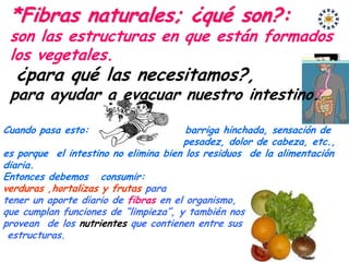 *Fibras naturales; ¿qué son?:
 son las estructuras en que están formados
 los vegetales.
  ¿para qué las necesitamos?,
 para ayudar a evacuar nuestro intestino.

Cuando pasa esto:                      barriga hinchada, sensación de
                                      pesadez, dolor de cabeza, etc.,
es porque el intestino no elimina bien los residuos de la alimentación
diaria.
Entonces debemos consumir:
verduras ,hortalizas y frutas para
tener un aporte diario de fibras en el organismo,
que cumplan funciones de “limpieza”, y también nos
provean de los nutrientes que contienen entre sus
 estructuras.
 
