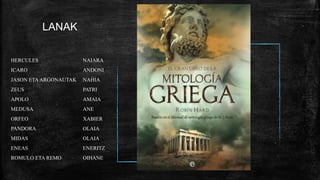 LANAK
HERCULES NAIARA
ICARO ANDONI
JASON ETAARGONAUTAK NAHIA
ZEUS PATRI
APOLO AMAIA
MEDUSA ANE
ORFEO XABIER
PANDORA OLAIA
MIDAS OLAIA
ENEAS ENERITZ
ROMULO ETA REMO OIHANE
 
