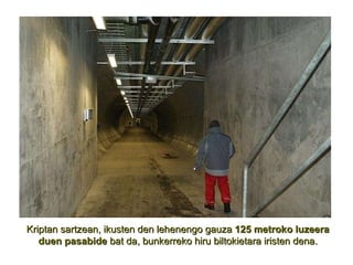 Kriptan sartzean, ikusten den lehenengo gauza  125 metroko luzeera duen pasabide  bat da, bunkerreko hiru biltokietara iristen dena. 