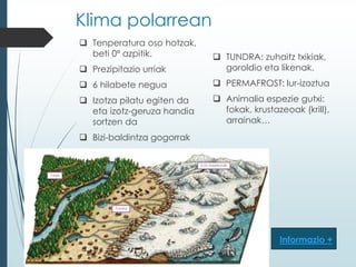Klima polarrean
 Tenperatura oso hotzak,
beti 0º azpitik.
 Prezipitazio urriak
 6 hilabete negua
 Izotza pilatu egiten da
eta izotz-geruza handia
sortzen da
 Bizi-baldintza gogorrak
 TUNDRA: zuhaitz txikiak,
goroldio eta likenak.
 PERMAFROST: lur-izoztua
 Animalia espezie gutxi:
fokak, krustazeoak (krill),
arrainak…
Informazio +
 