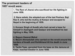 The prominent leaders of
1857 revolt were:
1. The Rani of Jhansi who sacrificed her life fighting in
June 1858.
2. Nana saheb, the adopted son of the last Peshwa, Baji
Rao II, who led the mutiny at Kanpur and escaped to
Nepal in the beginning of 1859.
3. Kunwar Singh of Avadh who had carved a base for
himself in Azamgarh and Gazipur and breathed his last
fighting in May 1858.
4. Begum Hazarat Mahal
5. Maulvi Ahmadullah who carried on the revolt around the
borders of Avadh and Rohilkhand till his death in June
1858.
6. Tantia Tope, uprooted from his base on the Jamuna at
Kalpi, reached Gwalior in June 1858.
 