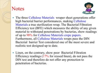 Notes
   The three Cellulose Materials wraper sheet generations offer
    high bacterial barrier performances, making Cellulose
    Materials a true sterilization wrap. The Bacterial Filtration
    Efficiency test (BFE) which measures the ability of any given
    material to withstand penetrations by bacterias, show readings
    of up to 98% for Cellulose Materials crepe papers.
    Furthermore, all Cellulose Materials wraps pass the DIN
    Bacterial barrier Test considered one of the most severe and
    realistic test designed up to date.

   Linen, on the contrary, show poor Bacterial Filtration
    Efficiency readings (17% for reused linen), do not pass the
    DIN test and therefore do not offer any protection to
    penetration of bacterias.
 