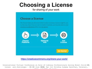 Choosing a License
for sharing of your work
https://creativecommons.org/share-your-work/
International Virtual Conference on Role of Library Professionals during Novel Covid-19:
issues and challenges – 21-22 June 2020. By: Sri Krishna Sudama Sansthan, Varanasi,
 