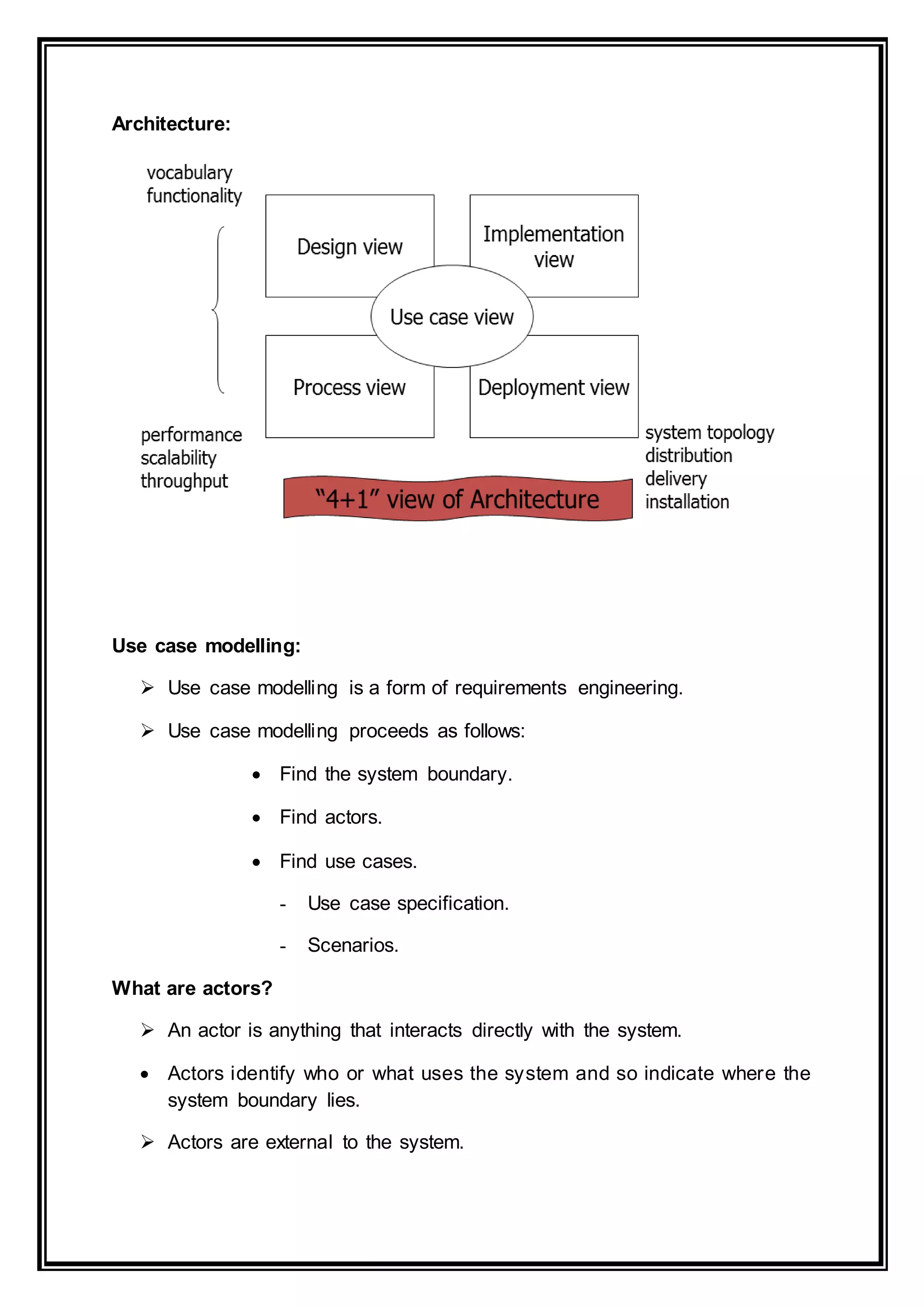 Architecture:
Use case modelling:
 Use case modelling is a form of requirements engineering.
 Use case modelling proceeds as follows:
 Find the system boundary.
 Find actors.
 Find use cases.
- Use case specification.
- Scenarios.
What are actors?
 An actor is anything that interacts directly with the system.
 Actors identify who or what uses the system and so indicate where the
system boundary lies.
 Actors are external to the system.
 