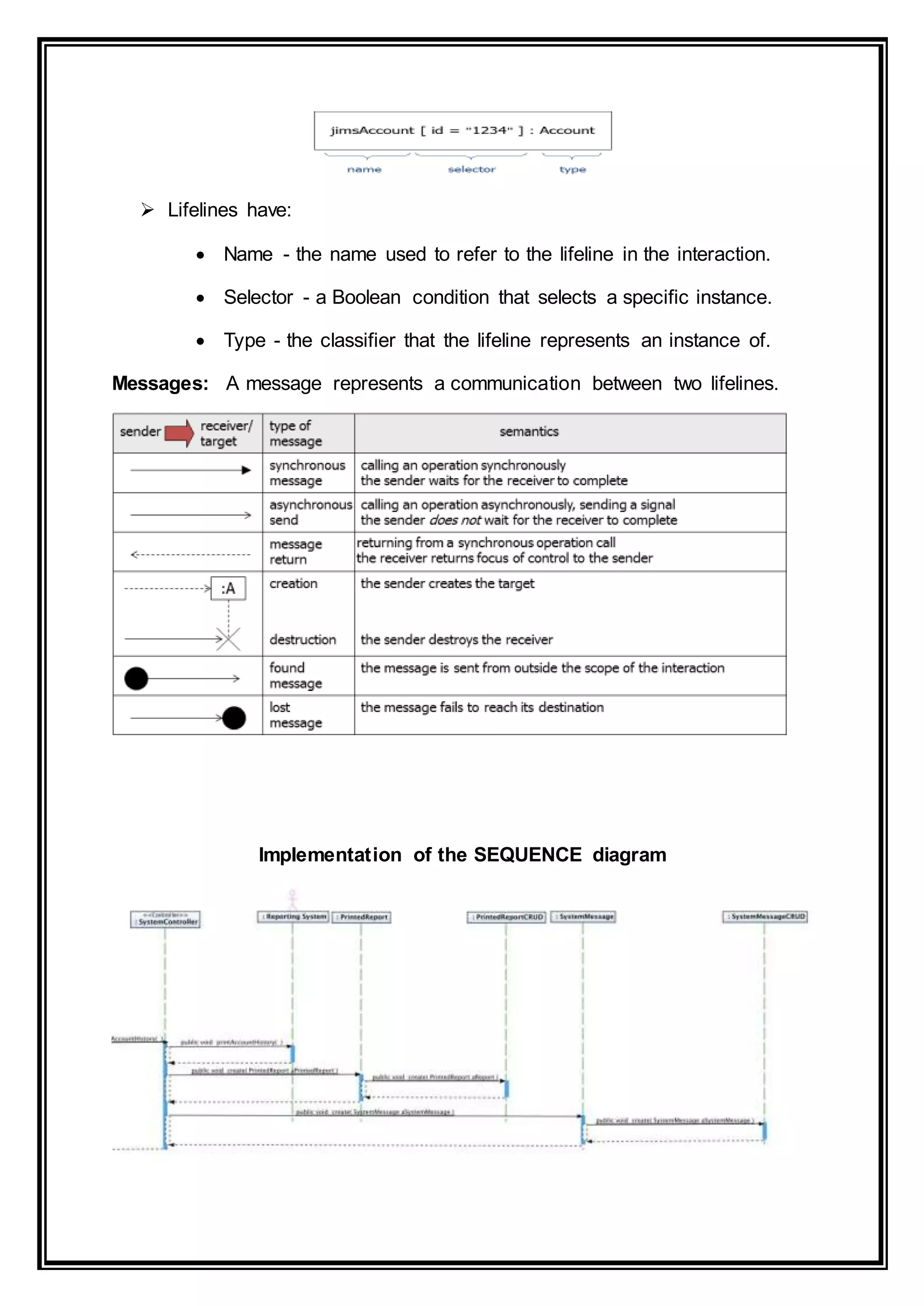  Lifelines have:
 Name - the name used to refer to the lifeline in the interaction.
 Selector - a Boolean condition that selects a specific instance.
 Type - the classifier that the lifeline represents an instance of.
Messages: A message represents a communication between two lifelines.
Implementation of the SEQUENCE diagram
 