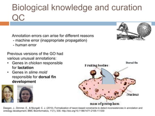 Biological knowledge and curation
QC
Deegan, J., Dimmer, E., & Mungall, C. J. (2010). Formalization of taxon-based constraints to detect inconsistencies in annotation and
ontology development. BMC Bioinformatics, 11(1), 530. http://doi.org/10.1186/1471-2105-11-530
Annotation errors can arise for different reasons
- machine error (inappropriate propagation)
- human error
Previous versions of the GO had
various unusual annotations:
• Genes in chicken responsible
for lactation
• Genes in slime mold
responsible for dorsal fin
development
 