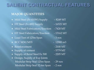 MAJOR QUANTITIES
 Mild Steel (Fe 410W) Supply – 8249 MT
 HT Steel (Fe 490) Supply - 16521 MT
 Mild Steel Fabrication/Erection - 7420 MT
 HT Steel Fabrication/Erection - 15162 MT
 Load Test of 125m Span - 3 nos
 RCC M30/M35 - 12900 m3
 Reinforcement - 2100 MT
 Supply of cement - 5779 MT
 Supply of Reinf Steel Fe 500 - 2205 MT
 Design, Supply of Exp Joints
Modular Strip Seal 125m Span - 29 nos
Modular Strip Seal 32.6m Span - 2 nos
 