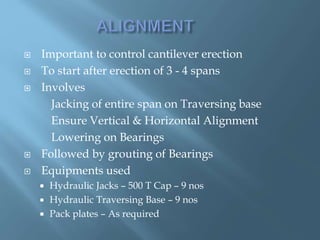  Important to control cantilever erection
 To start after erection of 3 - 4 spans
 Involves
Jacking of entire span on Traversing base
Ensure Vertical & Horizontal Alignment
Lowering on Bearings
 Followed by grouting of Bearings
 Equipments used
 Hydraulic Jacks – 500 T Cap – 9 nos
 Hydraulic Traversing Base – 9 nos
 Pack plates – As required
 