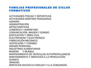 FAMILIAS PROFESIONALES DE CICLOS FORMATIVOS ACTIVIDADES FÍSICAS Y DEPORTIVAS ACTIVIDADES MARÍTIMO PESQUERAS AGRARIA ADMINISTRACIÓN ARTES GRÁFICAS COMERCIO Y MARKETING COMUNICACIÓN, IMAGEN Y SONIDO EDIFICACIÓN Y OBRA CIVIL ELECTRICIDAD Y ELECTRÓNICA FABRICACIÓN MECÁNICO HOSTELERÍA Y TURISMO IMAGEN PERSONAL INDUSTRIAS ALIMENTARIAS  MADERA Y MUEBLE MANTENIMIENTO DE VEHÍCULOS AUTOPROPULSADOS MANTENIMIENTO Y SERVICIOS A LA PRODUCCIÓN QUÍMICA SANIDAD SERVICIOS SOCIOCULTURALES Y A LA COMUNIDAD 