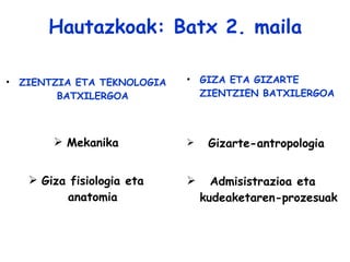 Hautazkoak: Batx 2. maila ZIENTZIA ETA TEKNOLOGIA BATXILERGOA Mekanika Giza fisiologia eta anatomia GIZA ETA GIZARTE ZIENTZIEN BATXILERGOA Gizarte-antropologia Admisistrazioa eta kudeaketaren-prozesuak 