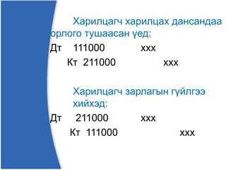 Харилцагч харилцах дансандаа
орлого тушаасан үед:
Дт 111000 ххх
Кт 211000 ххх
Харилцагч зарлагын гүйлгээ
хийхэд:
Дт 211000 ххх
Кт 111000 ххх
 