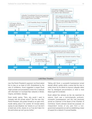 Institute for Local Self Reliance / Benton Foundation!

18

!"#$%&'()*$.(-()'$100$Q1-(*/$
*3/++0*$.(4/$RSST%@*$3+))&34(+)*C$
!9?$3100*$,+-$,(%&-$-&,&-&)>A<$
!1,1=&44&$9+)*+0(>14&>$?+2&-)<&)4$1@@-+2&*$
*10&$+,$-&2&)A&$%+)>*B$,+-&'+()'$-&,&-&)>A<C
,+-<*$D('(410$D(2(>&$9+<<(44&&

!"#$%&'()*$+,,&-()'$
./+0&*10&$*&-2(3&*$+)$(4*$
#5678$-()'

V+()4$*&**(+)$+,$!"#B$!9?B$
-&3&(2&$D('(410$D(2(>&$W&@+-4
XNY$+,$2+4&-*$1@@-+2&*$-&,&-&)>A<$
,+-$%+)>$A@$4+$ZRN[$<(00(+)$,+-$E88F

!"#$E&1*(%(0(4=$#4A>=$9+<@0&4&>
!"#$1))+A)3&*$E88F$@01)*

!9?$1>+@4*$%+)>$+->()1)3&

!""!$$$$$$$$$$$$$$$$$!""($$$$$$$$$$$$$$$$$!"")$$$$$$$$$$$$$$$$$!""*$$$$$$$$$$$$$$$$$!""+$$$$$$$$$$$$$$$$$!""#$$$$$$$$$

9+:$-1(*&*$-14&*$;$
4(<&*$()$+)&$=&1-

G&00#+A4/$*A&*

!+A(*(1)1$!&'(*014A-&$
@1**&*$#G$HIIB$3100&>$
4/&$J!+310$?+2&-)<&)4$
E1(-$9+<@&4(4(+)$K34LM

N$3(4(O&)*$,(0&$*A(4$
%0+3P()'$%+)>$*10&L

G&00#+A4/$*A&*
!1,1=&44&$<+>(,(&*$%+)>$+->()1)3&

!"#$E(%&-$%&'()*$*&-2()'$,(-*4$
-&*(>&)4(10$3A*4+<&-*

!+A(*(1)1$#A@-&<&$
9+A-4$-A0&*$()$,12+-$+,$
!1,1=&44&$IUS

E(-*4$3+<<&-3(10$3A*4+<&-$+,$!"#$E(%&-$(*$
!1,1=&44&$9+)2&)4(+)$1)>$(*(4+-*$9&)4&!1,1=&44&$F('/$#3/++0*$<+2&>$4+$R?%@*$

!"#$E(%&-$
3+)*4-A34(+)$*41-4*

K00$!1,1=&44&$QA%0(3$
*3/++0*$+)$,(%&-$)&4.+-P

6&4.+-P$%A(0>+A4$
3+<@0&4&>

!""#$$$$$$$$$$$$$$$$$$$$$$!""%$$$$$$$$$$$$$$$$$$$$$$$!""&$$$$$$$$$$$$$$$$$$$$$!"'"$$$$$$$$$$$$$$$$$$$$$$$$!"''
!"#$,(0&*$3+<@01()4$.(4/$
4/&$E99$+2&-$6989

LUS Fiber Timeline
new City-Parish President’s opponent, but Durel asked
him to stay on as head of LUS. Emboldened by the
vote of confidence, Huval suggested a project Durel
might consider and proceeded to show him a notebook
with information on municipal fiber networks in Bristol,
Virginia, and Dalton, Georgia.
Durel recalls saying, “Terry, why would I want to
compete with the private sector?” But the new CityParish President, who prides himself on an open mind,
recalls talking about it for another 30 minutes before
saying he was skeptical, but “shame on us if we don’t
at least look at this, shame on us if we don’t take it to
the point where we can’t go any further.”

Talking with Durel, a successful businessman turned
elected official, quickly elicits a sense that the man is
solely driven by his desire to improve Lafayette rather
than by ideological pre-convictions or what is most
likely to get him re-elected.
Durel utilized five advisers as the city examined its
options. Each was a technologically proficient,
successful businessperson and two had previously
served as Chairman of the Board of the Chamber of
Commerce. Durel’s advisers served two purposes: an
independent review of any plan from a nongovernment perspective as well as establishing a base
of support for a network if it proved feasible.

 