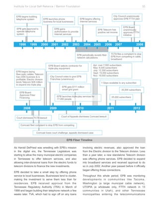 Institute for Local Self Reliance / Benton Foundation!

!"#$3&%40($384.940%$
'&.&*/,0&$(1('&2

>4'1$>,8074.$80)042,8(.1$
)**+,-&($!"#$A==B$*.)0

!"#$3&%40($,55&+40%$
60'&+0&'$(&+-47&(

!"#$.)807/&($*/,0&$
38(40&(($5,+$.,7).$38(40&((&(

!"#$%&'($)**+,-).$',$
,*&+)'&$'&.&*/,0&$
(1('&2

33

!"#$%)40($
)8'/,+4:)'4,0$',$*+,-49&$
60'&+0&'$(&+-47&(

!"#$#,)+9$
80)042,8(.1$
)**+,-&($A==B$
404'4)'4-&

!"#$=&.&7,2$/)($
*,(4'4-&$0&'$407,2&

!""#$$$$$!"""$$$$$%&&&$$$$%&&!$$$$%&&%$$$$$%&&'$$$$$%&&($$$$%&&)$$$$$%&&*$$$$%&&+$$$$$$$$$$$$$$$$$%&&#$$$$
!"#$*&+4,947)..1$+&-4(4'($543&+$
0&';,+<$7).78.)'4,0(

?*+N$,-&+$M@GGG$(83(7+43&+(
O)1N$J@GGG$(83(7+43&+(
P8.1N$LE@FGG$(83(7+43&+(
Q&*'N$LR@GGG$(83(7+43&+(
S,-N$LT@GGG$(83(7+43&+(

!"#$#,)+9$(&.&7'($7,0'+)7',+$5,+$
'+4*.&C*.)1$&U84*2&0'
!"#$3&%40($.)140%$
543&+C,*'47$7)3.&(D$=&.&7,2$
/)($EFGG$38(40&(($H$4($
*+,54')3.&D$!.&7'+47$94-4(4,0$
.&09($=&.&7,2$IEJ$24..4,0$
',$&K*)09$40',$'+4*.&$*.)1
!"#$#,)+9$
?**+,-&($A43&+$
A40)0740%

=>=?$54.&($)$7,2*.)40'$',$(',*$
!"#$5+,2$7,2*&'40%$40$7)3.&@$
3+,)93)09

>4'1$>,8074.$-,'&($',$%4-&$!"#$
A+)07/4(&$V80)042,8(W

L$X3*($)-)4.)3.&$',$)01$(83(7+43&+
!"#$%&'($ILLL$24..4,0$
(2)+'$%+49$%+)0'
!"#$.)807/&($'+4*.&C*.)1$(&+-47&($5,+$
LM@GGG$*&,*.&

FR@GGG$(83(7+43&+(
ER@GGG$(83(7+43&+(

%&&#$$$$$$$$$$$$$$$$$$$$$$$%&&"$$$$$$$$$$$$$$$$$$$$$$$$%&!&$$$$$$$$$$$$$$$$$$$$$$$$$$$$%&!!$$$$$$$$$$$$$$$$$$$$$$$%&!%
>,8+'$94(24((&($=>=?$.);(84'

>,8+'$,5$?**&).($94(24((&($>,27)('$.);(84'

>,27)('$54.&9$7,2*.)40'$',$(',*$!"#$5+,2$7,2*&'40%
>,27)('$.,(&($7,8+'$7/)..&0%&@$)**&).($94(24((&9$7)(&

EPB Fiber Timeline
As Harold DePriest was wrestling with EPB’s mission
in the digital era, the Tennessee Legislature was
starting to allow the many municipal electric companies
in Tennessee to offer telecom services, and also
allowing inter-divisional loans from the electric funds to
telecom divisions to finance the new investments.
EPB decided to take a small step by offering phone
service to local businesses. Businesses tend to cluster,
making the investment to serve them less than for
residences. EPB received approval from the
Tennessee Regulatory Authority (TRA) in March of
1999 and began building their telephone network a few
weeks later. TVA, which had to sign off on any loans

involving electric revenues, also approved the loan
from the Electric division to the Telecom division. Less
than a year later, a new standalone Telecom division
was offering phone services. EPB decided to expand
into broadband services and received approval to do
so in July 2002. Another year passed before it officially
began offering those connections.
Throughout this whole period, EPB was monitoring
developments in communities like Tacoma,
Washington (a large municipal cable network),
UTOPIA (a wholesale only, FTTH network in 13
communities in Utah), and other Tennessee
municipalities entering the telecommunications

 