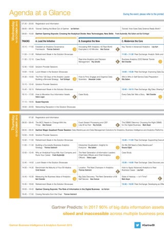 Gartner Business Intelligence  Analytics Summit 2015
Agenda at a Glance
#GartnerBI
During the event, please refer to the printed
07:30 – 20:00 Registration and Information
08:00 – 08:45 Tutorial: Getting the Most Out of Gartner  Ian Bertram Tutorial: How Does Data Science Really Work?  
09:00 – 10:00 Gartner Opening Keynote: Crossing the Analytical Divide: New Technologies, New Skills  Frank Buytendijk, Rita Sallam and Kurt Schlegel
Tracks A.	Lead the Initiative B.	Evangelize the New C.	Modernize the Core
10:15 – 11:00 Establish an Analytics Governance 	
Framework  Thomas Oestreich
Innovating With Analytics: 40 Real World
Examples in 40 Minutes  Alan Duncan
Key Trends in Advanced Analytics  Lisa Kart
11:00 – 11:30 Refreshment Break in the Solution Showcase 11:00 – 11:30  Peer Exchange: Analytic Skills and H
11:30 – 12:15 Case Study Real-time Analytics and Decision 	
Management  Roy Schulte
Business Analytics 2020 Market Trends	
Neil Chandler
12:30 – 13:00 Solution Provider Sessions
13:00 – 14:30 Lunch Break in the Solution Showcase 14:00 – 14:30  Peer Exchange: Improving Data Qua
14:30 – 15:00 The First 100 Days of the Analytic Leader:
Building a Bimodal Strategy  Kurt Schlegel
How to Find, Engage and Organize Data
Scientists  Alexander Linden
Who's Who in Self Service Data Preparation	
Rita Sallam
15:15 – 15:45 Solution Provider Sessions
15:45 – 16:15 Refreshment Break in the Solution Showcase 15:45 – 16:15  Peer Exchange: Big Data: Sharing F
16:15 – 17:00 How to Monetize Your Information Assets	
Debra Logan
Case Study Every Data Set Tells a Story  Neil Chandler
17:15 – 18:00 Guest Keynote
18:00 – 20:00 Networking Reception in the Solution Showcase
07:30 Registration and Information
08:00 – 08:45 The BICC Needs to Change With the
Times  Alan Duncan
Event Stream Processing and CEP: 	
Like BI but Not  Roy Schulte
The DBMS Dilemma: Choosing the Right DBMS
for the Digital Business  Mark Beyer
09:00 – 09:45 Gartner Magic Quadrant Power Session: Data Warehouse and Data Management Solutions for Analytics; Business Intelligence and Analytics Platforms;
10:00 – 10:30 Solution Provider Sessions
10:30 – 11:00 Refreshment Break in the Solution Showcase 10:30 – 11:00  Peer Exchange: Supporting Executiv
11:00 – 11:45 Building a Successful Business Analytics
Strategy  Thomas Oestreich
Interactive Visualization: Insights for
Everyone  Rita Sallam
Do We Still Need a Data Warehouse?  	
Roxane Edjlali
12:00 – 12:45 Why an Analytical Focus Kills Your Company and
Ruins Your Career  Frank Buytendijk
The Next Generation of Information Leaders:
Chief Data Officers and Chief Analytics 	
Officers  Debra Logan
Case Study
12:45 – 14:00 Lunch Break in the Solution Showcase 13:30 – 14:00  Peer Exchange: Data Discovery and
14:00 – 14:30 Benchmark the Maturity of Your BI Initiative  	
Cindi Howson
Location. The Next Champion in Analytics  	
Thomas Oestreich
How to Apply Advanced Analytics to Real
Business Cases  Lisa Kart
14:45 – 15:30 Measuring the Business Value of Analytics  	
Neil Chandler
Big Data Discovery: The Next Generation of BI
Self Service  Alan Duncan
State of Hadoop — Is It Time?	
Mark Beyer
15:30 – 16:00 Refreshment Break in the Solution Showcase 15:30 – 16:00  Peer Exchange: Developing an Effec
16:00 – 16:45 Gartner Closing Keynote: The Role of Information in the Digital Business  Ian Bertam
16:45 – 17:00 Closing Remarks from the Chair  Thomas Oestreich
Wednesday
14October2015
Thursday
15October2015
Gartner Predicts: In 2017 90% of big data information assets
siloed and inaccessible across multiple business proc
 