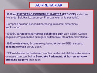 •1957an, EUROPAKO EKONOMI ELKARTEA (EEE-CEE) sortu zen
(Holanda, Belgika, Luxenburgo, Frantzia, Alemania eta Italia).
•Europako batasun ekonomikoaren inguruko iritzi ezberdinak
frankismoan.
•1959tik, sartzeko elkarrizketa-eskabidea egin zion EEEri. Oztopo
nagusia: erregimenaren ezaugarri diktatorialak eta antidemokratikoak.
•1962ko otsailean, Espainiako gobernuak berriro EEEn sartzeko
eskaera formala burutu zuen.
•EEEko Ministro Kontseiluaren erantzuna elkarrizketak hasteko aukera
onartzea izan zen, baina Europako Parlamentuak horren aurkako
erreakzio gogorra izan zuen.
AURREKARIAK
 