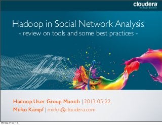 Headline Goes Here
Speaker Name or Subhead Goes Here
Hadoop in Social Network Analysis
- review on tools and some best practices -
Hadoop User Group Munich | 2013-05-22
Mirko Kämpf | mirko@cloudera.com
Montag, 27. Mai 13
 