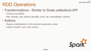 @chbatey
RDD Operations
• Transformations - Similar to Scala collections API
• Produce new RDDs
• filter, flatmap, map, distinct, groupBy, union, zip, reduceByKey, subtract
• Actions
• Require materialization of the records to generate a value
• collect: Array[T], count, fold, reduce..
 