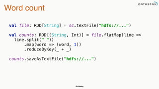 @chbatey
Word count
val file: RDD[String] = sc.textFile("hdfs://...") 
val counts: RDD[(String, Int)] = file.flatMap(line =>
line.split(" ")) 
.map(word => (word, 1)) 
.reduceByKey(_ + _)
 
counts.saveAsTextFile("hdfs://...")
 