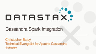 @chbatey
Christopher Batey 
Technical Evangelist for Apache Cassandra
Cassandra Spark Integration
 