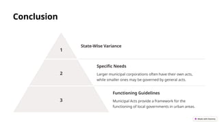 Conclusion
1
State-Wise Variance
2
Specific Needs
Larger municipal corporations often have their own acts,
while smaller ones may be governed by general acts.
3
Functioning Guidelines
Municipal Acts provide a framework for the
functioning of local governments in urban areas.
 