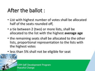 After the ballot :
• List with highest number of votes shall be allocated
half of the seats rounded off,
• a tie between 2 (two) or more lists, shall be
allocated to the list with the highest average age
• the remaining seats shall be allocated to the other
lists, proportional representation to the lists with
the highest votes
• less than 5% shall not be eligible for seat
 