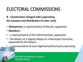 ELECTORAL COMMISSIONS
B - Commissions charged with supervising
the issuance and distribution of voter cards
• Chairperson: a representative of Elecam, appointed
• Members:
• - a representative of the Administration, appointed
• - the Mayor, or a Deputy Mayor or a Municipal Councillor,
appointed by the Mayor;
• - a representative of each legalized political party operating
 