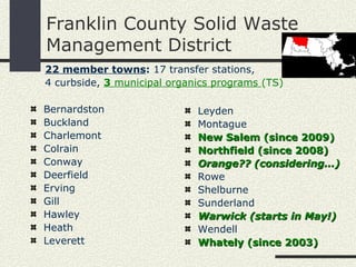 Franklin County Solid Waste Management District Bernardston Buckland Charlemont Colrain Conway Deerfield Erving Gill Hawley Heath Leverett Leyden Montague New Salem (since 2009) Northfield (since 2008) Orange?? (considering…) Rowe Shelburne Sunderland Warwick (starts in May!) Wendell Whately (since 2003) 22 member towns :  17 transfer stations,  4 curbside,  3  municipal organics programs  (TS) 