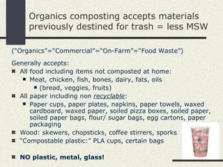 Organics composting accepts materials previously destined for trash = less MSW (“Organics”=“Commercial”=“On-Farm”=“Food Waste”) Generally accepts: All food including items not composted at home: Meat, chicken, fish, bones, dairy, fats, oils (bread, veggies, fruits) All paper including non  recyclable : Paper cups, paper plates, napkins, paper towels, waxed cardboard, waxed paper, soiled pizza boxes, soiled paper, soiled paper bags, flour/ sugar bags, egg cartons, paper packaging Wood: skewers, chopsticks, coffee stirrers, sporks “ Compostable plastic:” PLA cups, certain bags  NO plastic, metal, glass! 