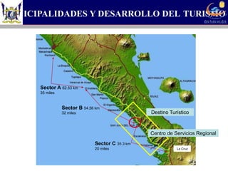 La Cruz
Sector B 54.56 km
32 miles
Sector A 62.53 km
35 miles
Sector C 35.3 km
20 miles
MUNICIPALIDADES Y DESARROLLO DEL TURISMO
Destino Turístico
Centro de Servicios Regional
 