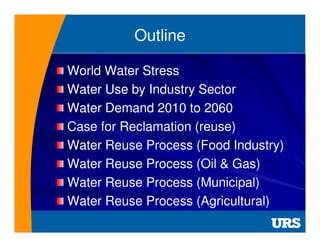 Outline
World Water Stress
Water Use by Industry Sector
Water Demand 2010 to 2060
Case for Reclamation (reuse)
Water Reuse...