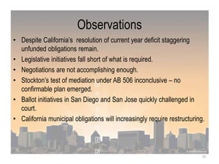 Observations
• Despite California‟s resolution of current year deficit staggering
unfunded obligations remain.
• Legislative initiatives fall short of what is required.
• Negotiations are not accomplishing enough.
• Stockton‟s test of mediation under AB 506 inconclusive – no
confirmable plan emerged.
• Ballot initiatives in San Diego and San Jose quickly challenged in
court.
• California municipal obligations will increasingly require restructuring.
32
 