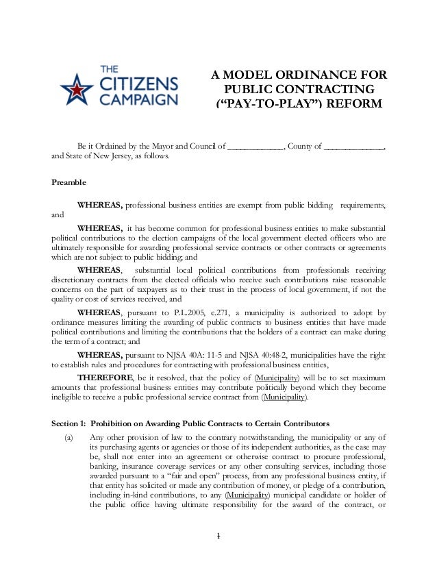 Sample municipal PaytoPlay ordinance The Citizens Campaign