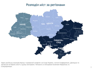 3
Розподіл міст за регіонами
Через російську окупацію Криму і триваючий конфлікт на Сході України, жителі Сімферополя, Донецька та
Луганська не брали участі у цьому опитуванні. Натомість в опитування включені Маріуполь та
Сєвєродонецьк
 
