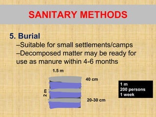 5. Burial
–Suitable for small settlements/camps
–Decomposed matter may be ready for
use as manure within 4-6 months
SANITARY METHODS
1.5 m
2m
20-30 cm
40 cm
1 m
200 persons
1 week
 