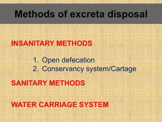 Methods of excreta disposal
INSANITARY METHODS
1. Open defecation
2. Conservancy system/Cartage
SANITARY METHODS
WATER CARRIAGE SYSTEM
 