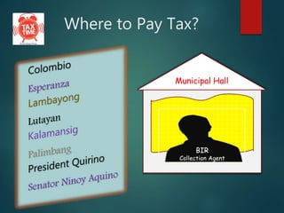 Where to Pay Tax?
Municipal Hall
BIR
Collection Agent
 