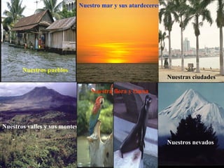 Nuestros pueblos Nuestro mar y sus atardeceres Nuestros valles y sus montes Nuestra flora y fauna Nuestras ciudades Nuestros nevados 