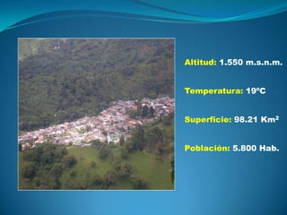 Altitud: 1.550 m.s.n.m.
Temperatura: 19ºC
Superficie: 98.21 Km2
Población: 5.800 Hab.

 