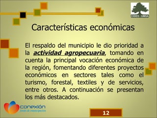 Características económicas El respaldo del municipio le dio prioridad a la  actividad agropecuaria , tomando en cuenta la principal vocación económica de la región, fomentando diferentes proyectos económicos en sectores tales como el turismo, forestal, textiles y de servicios, entre otros. A continuación se presentan los más destacados. 