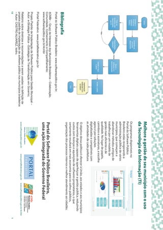 Melhore a gestão de seu município com o uso
                                                                                da Tecnologia da Informação (TI)
                                                                                Os programas disponíveis no
                                                                                Portal do Software Público
                                                                                Brasileiro estão revigorando a
                                                                                administração pública de vários
                                                                                municípios, que começam a
                                                                                abandonar métodos antigos de
                                                                                trabalho por um modelo de
                                                                                gestão mais eficiente e de
                                                                                qualidade. No lugar de papéis,
                                                                                carimbos e assinaturas, a escolha
                                                                                agora é por soluções
                                                                                digitalizadas e compatíveis com
                                                                                as atividades de cada prefeitura.
                                                                                O objetivo dessa política é oferecer à União, aos estados e aos municípios
                                                                                ferramentas digitais capazes de aperfeiçoar a gestão pública, reduzindo
                                                                                custos com licenças e aquisições de softwares proprietários, o que
                                                                                certamente resultará em mais economia para os cofres públicos,
                                                                                organização dos processos internos e melhor atendimento ao cidadão.
Bibliografia
Portal do Software Público Brasileiro: www.softwarepublico.gov.br;
4CMBr – Grupo de Interesse dos Municípios Brasileiros - Colaboração,
Comunidade, Conhecimento e Compartilhamento:                                    Portal do Software Público Brasileiro,
www.softwarepublico.gov.br/4cmbr                                                uma ação integrada do Governo Federal
Portal Federativo: www.portalfederativo.gov.br
Projeto Padrão de Implantação de Software Público para Gestão Municipal –
Autor: e-Stratégia Pública - Estratégia de Transformação em Governo;
Relatório sobre diretrizes e recomendações a serem usadas na definição de       www.softwarepublico.gov.br   www.portalfederativo.gov.br   www.softwarepublico.gov.br/4cmbr
projetos padrão de implantação de software público nos municípios brasileiros
– Autor: CASTRO ALVAREZ, Isidro.
12                                                                                                                                                                            1
 
