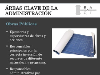 Obras Públicas ÁREAS CLAVE DE LA ADMINISTRACIÓN Ejecutores y supervisores de obras y acciones. Responsables principales por la correcta inversión de recursos de diferente naturaleza y programa. Responsables administrativos por omisión de procedimientos 