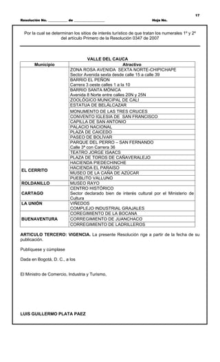 17
Resolución No. ____________ de ___________________                     Hoja No.



  Por la cual se determinan los sitios de interés turístico de que tratan los numerales 1º y 2º
                      del artículo Primero de la Resolución 0347 de 2007



                                      VALLE DEL CAUCA
        Municipio                                        Atractivo
                             ZONA ROSA AVENIDA SEXTA NORTE-CHIPICHAPE
                             Sector Avenida sexta desde calle 15 a calle 39
                             BARRIO EL PEÑON
                             Carrera 3 oeste calles 1 a la 10
                             BARRIO SANTA MÓNICA
                             Avenida 8 Norte entre calles 20N y 25N
                             ZOOLÓGICO MUNICIPAL DE CALI
                             ESTATUA DE BELÁLCAZAR
                             MONUMENTO DE LAS TRES CRUCES
                             CONVENTO IGLESIA DE SAN FRANCISCO
                             CAPILLA DE SAN ANTONIO
                             PALACIO NACIONAL
                             PLAZA DE CAICEDO
                             PASEO DE BOLÍVAR
                             PARQUE DEL PERRO – SAN FERNANDO
                             Calle 3ª con Carrera 36
                             TEATRO JORGE ISAACS
                             PLAZA DE TOROS DE CAÑAVERALEJO
                             HACIENDA PIEDECHINCHE
                             HACIENDA EL PARAISO
EL CERRITO
                             MUSEO DE LA CAÑA DE AZÚCAR
                             PUEBLITO VALLUNO
ROLDANILLO                   MUSEO RAYO
                             CENTRO HISTÓRICO
CARTAGO                      Sector declarado bien de interés cultural por el Ministerio de
                             Cultura
LA UNIÓN                     VIÑEDOS
                             COMPLEJO INDUSTRIAL GRAJALES
                             COREGIMIENTO DE LA BOCANA
BUENAVENTURA                 CORREGIMIENTO DE JUANCHACO
                             CORREGIMIENTO DE LADRILLEROS

ARTICULO TERCERO: VIGENCIA. La presente Resolución rige a partir de la fecha de su
publicación.

Publíquese y cúmplase

Dada en Bogotá, D. C., a los


El Ministro de Comercio, Industria y Turismo,




LUIS GUILLERMO PLATA PAEZ
 
