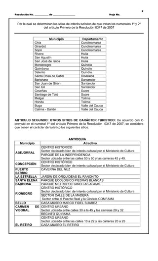 2
Resolución No. ____________ de ___________________                      Hoja No.



  Por la cual se determinan los sitios de interés turístico de que tratan los numerales 1º y 2º
                      del artículo Primero de la Resolución 0347 de 2007


                            Municipio                 Departamento
                Chía                                 Cundinamarca
                Girardot                             Cundinamarca
                Sopó                                 Cundinamarca
                Rivera                               Huila
                San Agustín                          Huila
                San José de Isnos                    Huila
                Montenegro                           Quindío
                Quimbaya                             Quindío
                Salento                              Quindío
                Santa Rosa de Cabal                  Risaralda
                Barichara                            Santander
                San Juan de Girón                    Santander
                San Gil                              Santander
                Coveñas                              Sucre
                Santiago de Tolú                     Sucre
                Melgar                               Tolima
                Honda                                Tolima
                Buga                                 Valle del Cauca
                Calima - Darién                      Valle del Cauca


ARTICULO SEGUNDO: OTROS SITIOS DE CARÁCTER TURISTICO: De acuerdo con lo
previsto en el numeral 1º del artículo Primero de la Resolución 0347 de 2007, se considera
que tienen el carácter de turístico los siguientes sitios:


                                        ANTIOQUIA
    Municipio                                       Atractivo
                     CENTRO HISTORICO
                     Sector declarado bien de interés cultural por el Ministerio de Cultura
ABEJORRAL
                     PARQUE DE LA INDEPENDENCIA
                     Sector ubicado entre las calles 50 y 60 y las carreras 45 y 49.
                     CENTRO HISTÓRICO
CONCEPCIÓN
                     Sector declarado bien de interés cultural por el Ministerio de Cultura
PUERTO               CAVERNA DEL NUZ
BERRIO
LA ESTRELLA  JARDÍN DE ORQUÍDEAS EL RANCHITO
SANTA ELENA  PARQUE ECOLÓGICO PIEDRAS BLANCAS
BARBOSA      PARQUE METROPOLITANO LAS AGUAS
             CENTRO HISTÓRICO
             Sector declarado bien de interés cultural por el Ministerio de Cultura
RIONEGRO
             SECTOR CALLE DE LA MADERA
              Sector entre el Puente Real y la Glorieta COMFAMA
BELLO        CASA MUSEO MARCO FIDEL SUAREZ
CARMEN    DE CENTRO URBANO
VIBORAL      Sector ubicado entre calles 30 a la 45 y las carreras 29 y 32
             RECINTO QUIRAMA
             CENTRO URBANO
             Sector ubicado entre las calles 18 a 22 y las carreras 20 a 25
EL RETIRO    CASA MUSEO EL RETIRO
 
