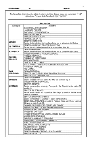 3
Resolución No. ____________ de ___________________                     Hoja No.



  Por la cual se determinan los sitios de interés turístico de que tratan los numerales 1º y 2º
                      del artículo Primero de la Resolución 0347 de 2007



                                           ANTIOQUIA
    Municipio                                        Atractivo
                     CASA DE LA CONVENCIÓN
                     HACIENDA FIZEBAD
                     SALTO DEL TEQUENDAMITA
                     PARQUE DEL AMOR
                     PARQUE LOS SALADOS
                     REPRESA DE LA FE
                     CENTRO HISTÓRICO
JERICÓ
                     Sector declarado bien de interés cultural por el Ministerio de Cultura
                     CENTRO URBANO Y SECTOR TURÍSTICO
LA PINTADA
                     Sector ubicado sobre la Avenida 30 entre calles 30 a 34
                     CENTRO HISTÓRICO
MARINILLA            Sector declarado bien de interés cultural por el Ministerio de Cultura
                     MUSEO HISTÓRICO Y ARQUEOLÓGICO
                     PARQUE PRINCIPAL
PUERTO
                     PARQUE LA ESMERALDA
TRIUNFO
                     ALDEA DORADAL
                     CAÑON DE RIO CLARO
                     MALECÓN ECOTURÍSTICO SOBRE EL MAGDALENA
                     HACIENDA NÁPOLES
                     RÍO LA MIEL
SAN                  PLAZA PRINCIPAL
JERÓNIMO             SECTOR HOTELERO – Vía a Santafé de Antioquia
                     PARQUE LOS TAMARINDOS
                     CENTRO URBANO
SONSÓN               Sector ubicado entre las calles 4 y 14 y las carreras 6 y 8
                     MUSEO ROMULO CARVAJAL
                     SECTOR CENTRO
MEDELLÍN             Sector comprendido entre Av. Ferrocarril - Av. Girardot entre calles 58
                     y calle 49
                     SECTOR EL POBLADO
                     Sector entre carrera 43 – Avenida San Diego y Avenida Palacé entre
                     calle 35 y calle 50
                     SECTOR BARRIO LAURELES
                     Sector entre calles 47 y calles 44 sobre transversal 73
                     ZONA ROSA POBLADO Avenida El Poblado hasta La Inferior (carrera
                     32) y de la calle 8 a la 11.
                     CASA MUSEO MAESTRO PEDRO NEL GÓMEZ
                     JARDÍN BOTÁNICO JOAQUÍN ANTONIO URIBE
                     MUSEO DE ARTE MODERNO
                     MUSEO EL CASTILLO
                     MUSEO ETNOGRÁFICO MIGUEL ÁNGEL BUILES
                     MUSEO MINERALÓGICO
                     PARQUE JUAN PABLO SEGUNDO
                     PLANETARIO JESÚS EMILIO RAMÍREZ
                     ZOOLÓGICO SANTA FÉ
                     BIBLIOTECA PÚBLICA PILOTO
                     IGLESIA DE SAN IGNACIO
                     PARQUE SAN ANTONIO
                     CENTRO ADMINISTRATIVO LA ALPUJARRA
                     PARQUE DE LA LUZ
 