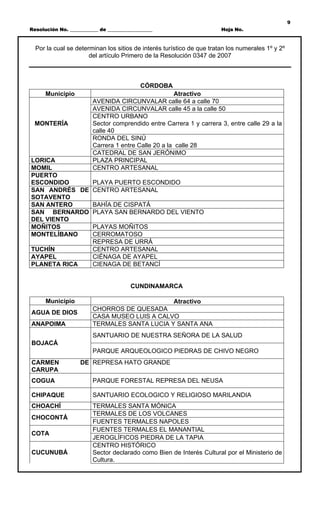 9
Resolución No. ____________ de ___________________                     Hoja No.



  Por la cual se determinan los sitios de interés turístico de que tratan los numerales 1º y 2º
                      del artículo Primero de la Resolución 0347 de 2007



                                             CÓRDOBA
      Municipio                                        Atractivo
                         AVENIDA CIRCUNVALAR calle 64 a calle 70
                         AVENIDA CIRCUNVALAR calle 45 a la calle 50
                         CENTRO URBANO
  MONTERÍA               Sector comprendido entre Carrera 1 y carrera 3, entre calle 29 a la
                         calle 40
                         RONDA DEL SINÚ
                         Carrera 1 entre Calle 20 a la calle 28
                         CATEDRAL DE SAN JERÓNIMO
LORICA                   PLAZA PRINCIPAL
MOMIL                    CENTRO ARTESANAL
PUERTO
ESCONDIDO                PLAYA PUERTO ESCONDIDO
SAN ANDRÉS DE            CENTRO ARTESANAL
SOTAVENTO
SAN ANTERO               BAHÍA DE CISPATÁ
SAN BERNARDO             PLAYA SAN BERNARDO DEL VIENTO
DEL VIENTO
MOÑITOS                  PLAYAS MOÑITOS
MONTELÍBANO              CERROMATOSO
                         REPRESA DE URRÁ
TUCHÍN                   CENTRO ARTESANAL
AYAPEL                   CIÉNAGA DE AYAPEL
PLANETA RICA             CIENAGA DE BETANCÍ


                                         CUNDINAMARCA

      Municipio                                Atractivo
                         CHORROS DE QUESADA
AGUA DE DIOS
                         CASA MUSEO LUIS A CALVO
ANAPOIMA                 TERMALES SANTA LUCIA Y SANTA ANA
                         SANTUARIO DE NUESTRA SEÑORA DE LA SALUD
BOJACÁ
                         PARQUE ARQUEOLOGICO PIEDRAS DE CHIVO NEGRO
CARMEN              DE REPRESA HATO GRANDE
CARUPA
COGUA                    PARQUE FORESTAL REPRESA DEL NEUSA

CHIPAQUE                 SANTUARIO ECOLOGICO Y RELIGIOSO MARILANDIA
CHOACHÍ                  TERMALES SANTA MÓNICA
                         TERMALES DE LOS VOLCANES
CHOCONTÁ
                         FUENTES TERMALES NAPOLES
                         FUENTES TERMALES EL MANANTIAL
COTA
                         JEROGLÍFICOS PIEDRA DE LA TAPIA
                         CENTRO HISTÓRICO
CUCUNUBÁ                 Sector declarado como Bien de Interés Cultural por el Ministerio de
                         Cultura.
 