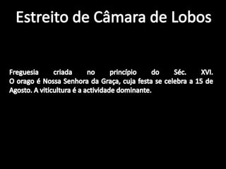 Estreito de Câmara de LobosFreguesia criada no princípio do Séc. XVI.O orago é Nossa Senhora da Graça, cuja festa se celebra a 15 de Agosto. A viticultura é a actividade dominante.