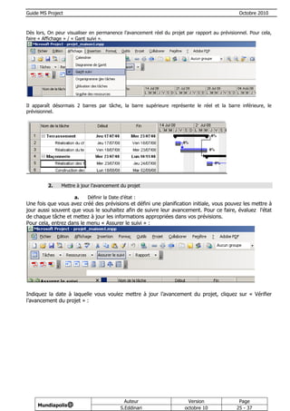 Guide MS Project                                                                               Octobre 2010



Dès lors, On peur visualiser en permanence l’avancement réel du projet par rapport au prévisionnel. Pour cela,
faire « Affichage » / « Gant suivi ».




Il apparaît désormais 2 barres par tâche, la barre supérieure représente le réel et la barre inférieure, le
prévisionnel.




         2.    Mettre à jour l’avancement du projet

                     a.    Définir la Date d’état :
Une fois que vous avez créé des prévisions et défini une planification initiale, vous pouvez les mettre à
jour aussi souvent que vous le souhaitez afin de suivre leur avancement. Pour ce faire, évaluez l'état
de chaque tâche et mettez à jour les informations appropriées dans vos prévisions.
Pour cela, entrez dans le menu « Assurer le suivi » :




Indiquez la date à laquelle vous voulez mettre à jour l’avancement du projet, cliquez sur « Vérifier
l’avancement du projet » :




                                             Auteur                     Version                Page
     Mundiapolis@
                                           S.Eddinari                  octobre 10             25 - 37
 